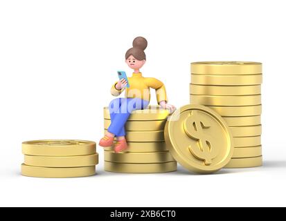 3D illustration of businessman sitting on stocks of coins with his phone. Mockup 3d character illustration.3D rendering on white background Stock Photo