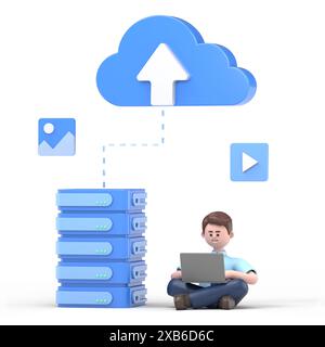 Data server web concept. Storage technology, database. Template of people scene. 3D illustration of businessman in flat design for website, folder Stock Photo