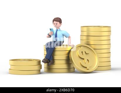 3D illustration of businessman sitting on stocks of coins with his phone. Mockup 3d character illustration.3D rendering on white background Stock Photo