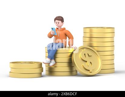 3D illustration of businessman sitting on stocks of coins with his phone. Mockup 3d character illustration.3D rendering on white background Stock Photo