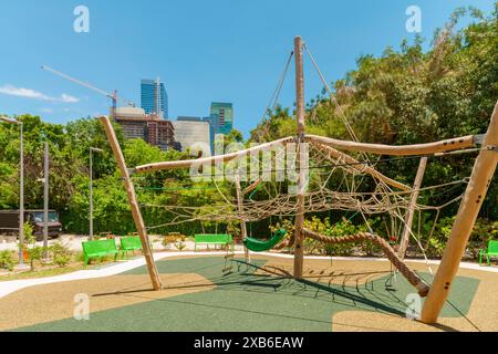 Childrens playground. Brickell Miami Florida. Made from wood and rope for great fitness climbing experience for children of all ages Stock Photo