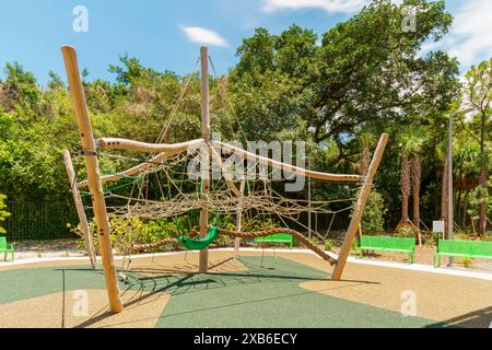 Childrens playground. Brickell Miami Florida. Made from wood and rope for great fitness climbing experience for children of all ages Stock Photo