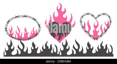 Set Wire Barb pink heart, oval frame y2k tattoo border, flame silhouette gothic spiky punk print neo tribal isolated on white background. Barbwire emo boundary heart shape. Vector illustration Stock Vector
