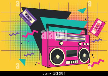 Retro radio recorder, boombox in pink color, simple flat style illustration. Stock Vector
