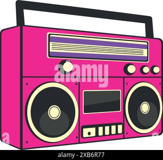 Retro radio recorder, boombox in pink color, simple flat style illustration. Stock Vector