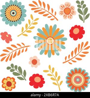 Decorative flat simple flowers, retro pattern design. Stock Vector