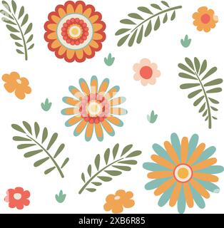Decorative flat simple flowers, retro pattern design. Stock Vector
