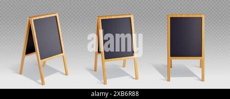 Pavement 3d signboard for menu or advertising. Different angles of view on blank black chalkboard with wooden frame for cafe and restaurant information message. Realistic vector set of sandwich banner Stock Vector