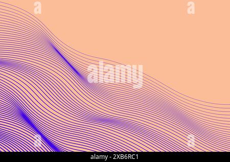 Abstract wavy lines of violet color over peach fuzz color background. Geometric pattern with distorted wavy lines. Background for wall art, web design Stock Vector