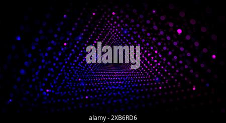 Neon glow dots in form of triangular tunnel of blue and purple gradient color on black background. Realistic 3d vector illustration of abstract futuristic geometric triangle shape bg go to infinity. Stock Vector