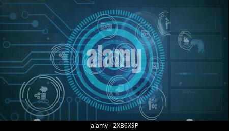 Digital interface with various icons and graphs displayed on blue background Stock Photo