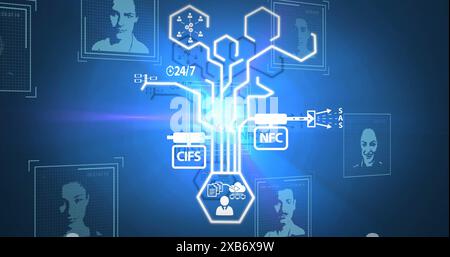 Digital interface displaying various icons and profiles on blue background Stock Photo