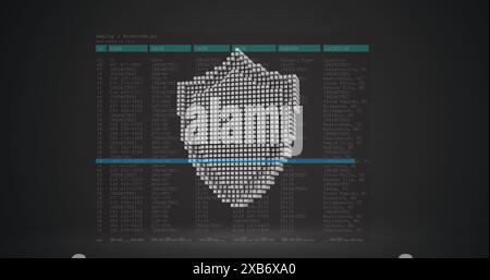A digital shield made of pixelated blocks is displayed on dark screen Stock Photo