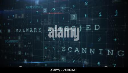 Digital screen displaying MALWARE DETECTED with various codes and symbols Stock Photo
