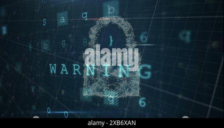 Digital lock icon with WARNING text appears on futuristic screen Stock Photo