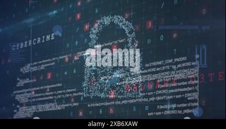 Digital code and graphics representing cybercrime and malware displayed on screen Stock Photo