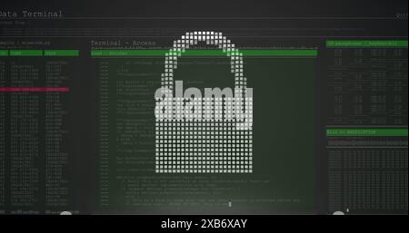 A large digital padlock icon is displayed on computer screen filled with code Stock Photo