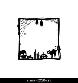 Halloween grunge black frame. Isolated vector square holiday decorative border for displaying eerie memories, adorned with spooky skull, bones, candles, cat, pumpkin, bats and spiders on cobwebs Stock Vector