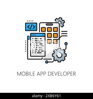 Mobile app developer career, web development job, IT specialist vacancy thin line color icon. Network software development, IT specialist line vector icon with programing code, cogwheel and UI buttons Stock Vector