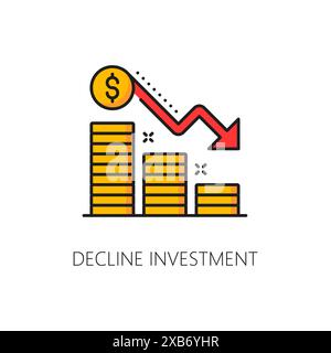 Decline investment color line icon. Vector graph of cost reduction and financial decrease with down red arrow and money. Economy, business, finance crisis, stock market crash, bankruptcy outline sign Stock Vector