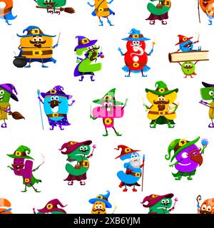 Halloween math number wizard and mage characters seamless pattern. Vector tile background with funny mathematics personages. Zero, two, three, four and plus. Five, nine and one digit magical sorcerers Stock Vector