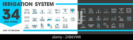 Drip water irrigation system line icons of garden and farm field sprinklers, vector irrigate technology. Irrigation system icons of watering pipe hose and spray sprinkler for agriculture and farming Stock Vector