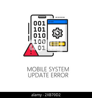 Mobile system software update error color thin line icon. Smartphone app maintenance technology, phone update download thin line vector pictogram with binary code on smartphone screen and cogwheel Stock Vector
