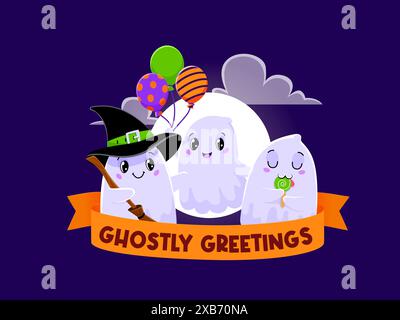 Halloween kawaii ghost characters. Vector banner with delightfully cute baby spooks wearing festive witch hat and broom, holding colorful balloons and charmingly licking the lollipop at festive night Stock Vector