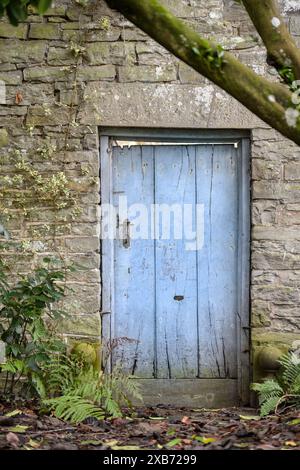 Blue door in walled garden. Stock Photo