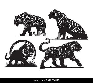 Tiger group silhouettes,clipart hand drawing vector illustration, Stock Vector
