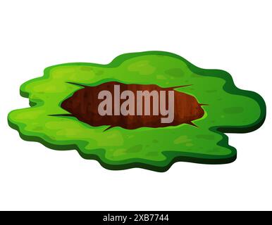 Deep hole in the ground with grass and stones. Brown soil, large cracks and ruins. Digging of sand coal waste rock. Detailed drawing in cartoon style Stock Vector