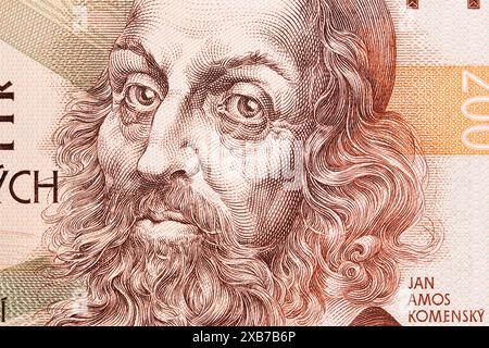 John Amos Comenius a closeup portrait from Czech money - koruna Stock Photo