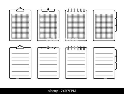 Minimalist template with gridded and lined papers attached to folders divided into springs, clips and indexes Stock Vector