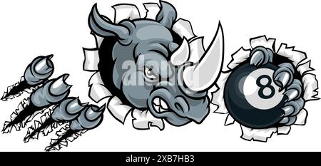 Rhino Angry Pool 8 Ball Billiards Mascot Cartoon Stock Vector