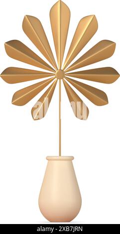 Vase 3d with tropical gold leaf vector template. Striking geometric sculpture made precious metal in oval decorative vessel. Exotic luxury decoration Stock Vector