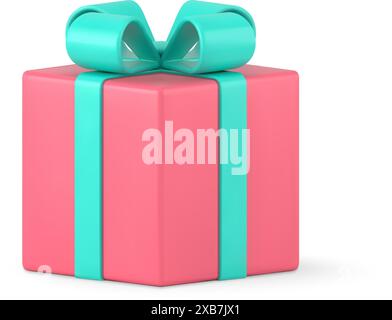 Surprise gift 3d packaging vector icon. Pink box with green bow and festive ribbons. Expensive shopping present for celebrating birthday and anniversa Stock Vector