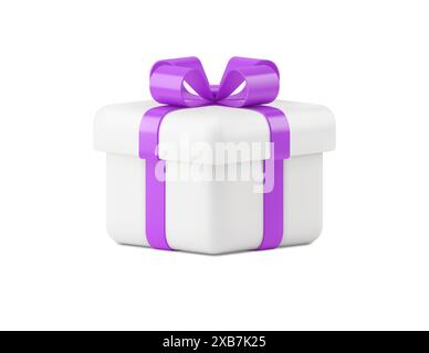 White gift box 3d vector icon isolated on white background. Voluminous holiday surprise tied with realistic purple ribbon. Colorful event of holiday s Stock Vector