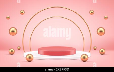 Podium with golden 3D rainbow and falling balls pink vector illustration. Red geometric pedestal on white stand surrounded by arc of elite yellow meta Stock Vector