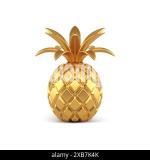 Gold 3d pineapple vector illustration. Exotic fruit molded from yellow precious metal with curved leaves ornaments. Premium product for awarding winne Stock Vector