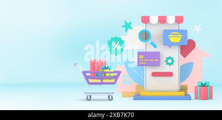 Online 3d shopping with bonus gifts vector concept. Selection and search goods web store in mobile application payment by credit card. Special discoun Stock Vector