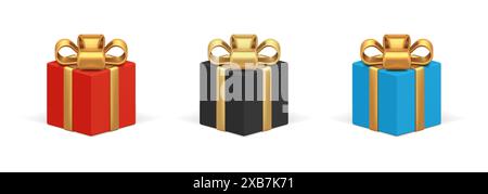 Gift boxes 3d square with gold ribbon vector icon. Red voluminous holiday surprise tied with realistic blue wrapping paper. Good for holiday sale and Stock Vector