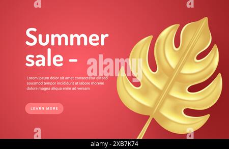 Summer gold sale vector home page banner. Golden tropical monstera leaf and precious metal on red surface. Special marketing offers discounts and reta Stock Vector