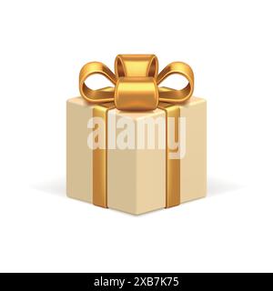 Beige gift box 3d vector icon. Celebration holiday surprise tied with realistic luxurious gold ribbon. Good for holiday sale and birthday celebration. Stock Vector