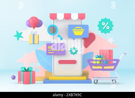 Online 3d shopping with bonus gifts vector concept. Selection and search goods web store in mobile application payment by credit card. Special discoun Stock Vector