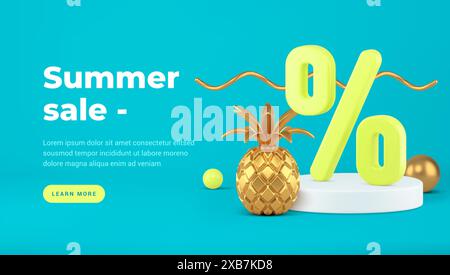 Podium with 3d discount percentages and golden pineapple vector banner template. Yellow sales luxury interior items on blue background. Golden decorat Stock Vector