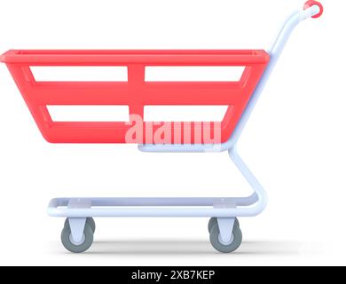Empty trolley for 3d purchases vector icon. Metallic marketing container wheels with red plastic basket. Creative sales retail symbol in stores and on Stock Vector