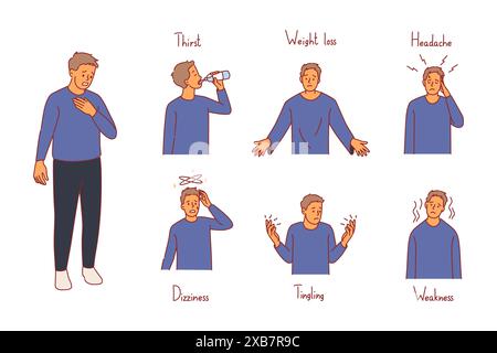 Man with diabetes symptoms. Severe illness, high blood sugar levels, insulin resistance, patient character, glucose control, medical diagnosis cartoon Stock Vector