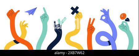 Comic flexible hands. Long color arms, curved limbs holding different elements, various finger gestures, signs and symbols. Thumb finger up and ok Stock Vector