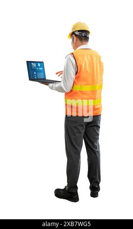 Asian engineer or technician full body length hand holding computer laptop wear safety helmet and reflective vest isolated on white Stock Photo