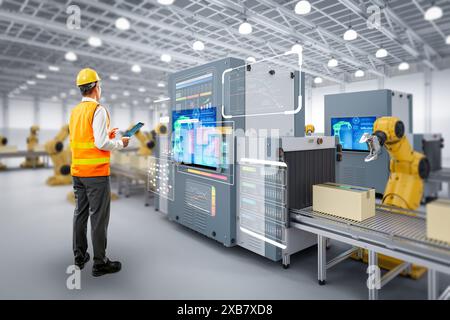 Technician or engineer work with robotic arms in factory Stock Photo